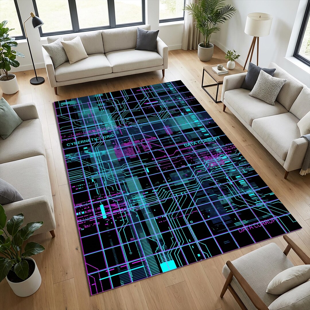 Pcb Rug Cyberpunk Gaming Rug | Neon Circuit Board Area Mat | Futuristic Glitch ...