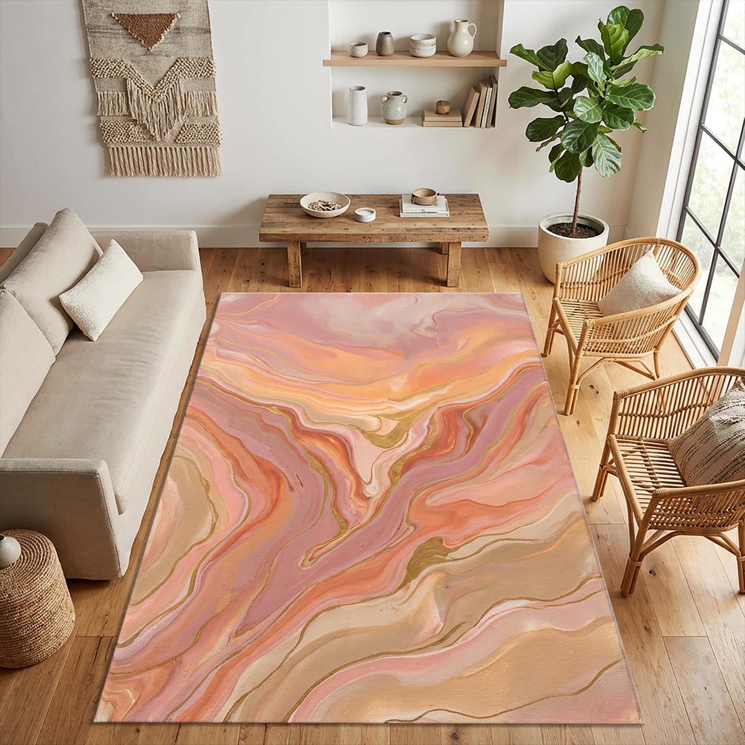 Abstract Fluid Art Area Rug | Blush Pink and Gold Marble Floor Mat ...