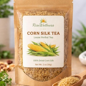 Könnte beinhalten: Ein brauner Papiertüte gefüllt mit getrocknetem Maisseidentee. Das Etikett lautet "Rise Wellness CORN SILK TEA Louse Herbal Tea" und zeigt eine Mais-Illustration. Das Nettogewicht beträgt 56g.