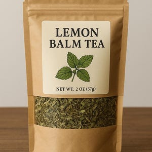 May include: A brown paper bag of Lemon Balm Tea with a clear window showing dried herbs. The label features the text "LEMON BALM TEA" above a green illustration of lemon balm leaves. The net weight is 2 oz (57g).