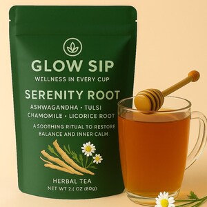 May include: A green bag of "Glow Sip Serenity Root" herbal tea next to a glass mug of tea with a wooden honey dipper. The bag lists ingredients like ashwagandha and chamomile. A sprig of daisies rests near the mug. The net weight is 2 oz (80g).
