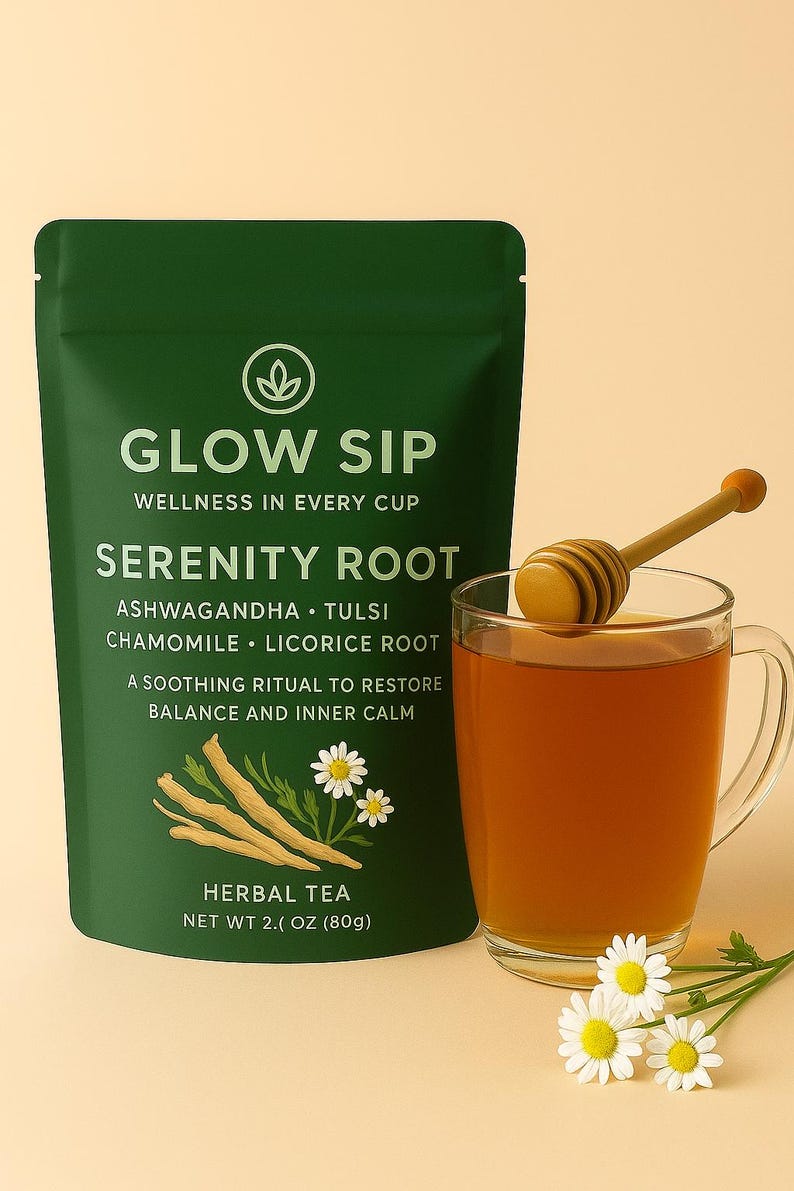 May include: A green bag of "Glow Sip Serenity Root" herbal tea next to a glass mug of tea with a wooden honey dipper. The bag lists ingredients like ashwagandha and chamomile. A sprig of daisies rests near the mug. The net weight is 2 oz (80g).