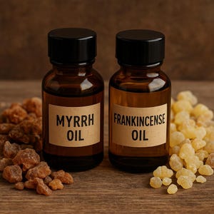 May include: Two amber glass bottles with black caps labeled "MYRRH OIL" and "FRANKINCENSE OIL" are displayed. The bottles are surrounded by brown and yellow resin pieces, suggesting aromatherapy or essential oil products. The background is a wooden surface.