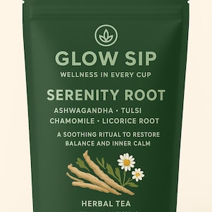 May include: A dark green pouch of herbal tea labeled "Glow Sip Serenity Root." The ingredients listed are Ashwagandha, Tulsi, Chamomile, and Licorice Root. The package also features illustrations of chamomile flowers and roots, with a net weight of 2.1 oz (60g).