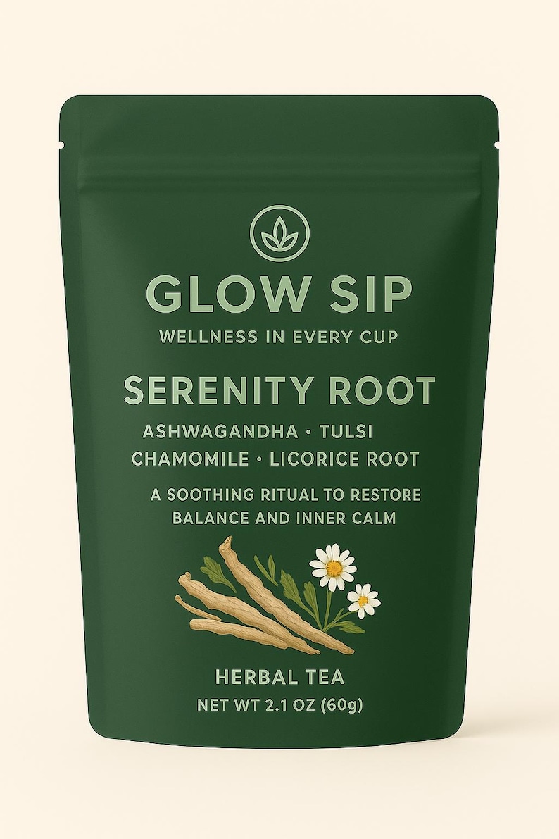May include: A dark green pouch of herbal tea labeled "Glow Sip Serenity Root." The ingredients listed are Ashwagandha, Tulsi, Chamomile, and Licorice Root. The package also features illustrations of chamomile flowers and roots, with a net weight of 2.1 oz (60g).