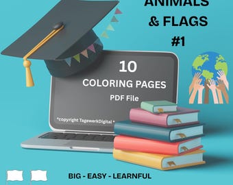 Kleurplaten met dieren en vlaggen – Educatieve printbare pagina's voor kinderen – Aflevering 1