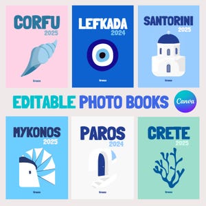 Può includere: Sei copertine di libri fotografici a tema isole greche. Ognuna presenta un nome, un anno e un'illustrazione. Il testo "EDITABLE PHOTO BOOKS" è visualizzato al centro, con il logo Canva. Le isole sono Corfù, Lefkada, Santorini, Mykonos, Paros e Creta.
