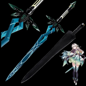 May include: Two fantasy swords with intricate designs. One sword features a teal blade with white accents and a black hilt with green crystal-like embellishments. The other sword has a black blade and a character illustration in the background.