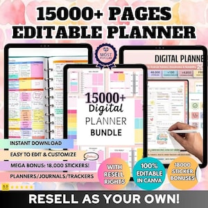 Könnte beinhalten: Digitales Planer-Bundle mit über 15.000 Seiten, editierbar und anpassbar. Enthält 18.000 Sticker-Boni. Das Bild zeigt ein Tablet mit Planerseiten und dem Text "15000+ Digital Planner Bundle".