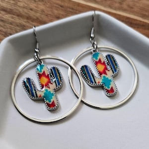 Southwestern Cactus Hoop Earrings | Vibrant Serape Print Statement Jewelry