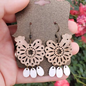 Laser Cut Wooden Chicken Earrings – Stained Wood with Hand-Painted Egg Charms