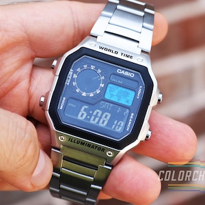 Modded Casio AE-1200WHD Stainless Steel Watch: Inverted Display, Custom World Map