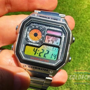 Custom Casio AE-1200 Stainless Steel – Multicolor Screen Mod | Color Gradient Face | Retro Digital World Time Watch