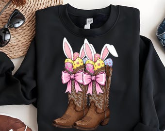 Western Easter Bunny Shirt, Cowboy Boot with Eggs, Spring Gift
