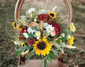 Sunflower bouquet, Burnt orange Terracotta flowers, Wild flower bouquet, Silk wedding flowers, artificial bridal bouquet, daisies,bridesmaid