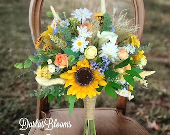 Wildflower bouquet, Sunflower bouquet, Boho bouquet, Rustic bouquet, Daisies bouquet, Silk wedding flowers, silk bridesmaid bouquet, yellow