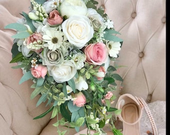 Sage Dusty rose bridal bouquet, cream ivory cascade bouquet, wild flowers, silk wedding flowers, sage green artificial flowers,mauve flowers