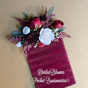 Pocket boutonnière, burgundy boutonnière, groom flower, burgundy wedding flowers, groomsmen flower, pocket flower, lapel flower, prom flower