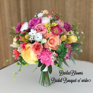 Bright colored bouquet, pink  orange yellow wedding flowers, Bright floral bouquet, Hot pink flowers, Beach Tropical bouquet, silk flowers
