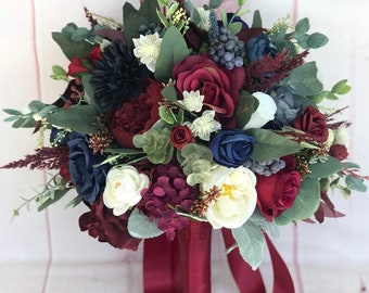 Boho Bridal Bouquet, Burgundy Wine Bouquet, Navy & Burgundy Wedding Bouquet, Silk Wedding Flowers, Boho Wedding, Artificial wedding flowers