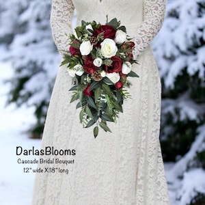 Burgundy wedding bouquet, Winter wedding, Christmas wedding flowers, Cascade bridal bouquet, Burgundy bridesmaid flowers,Red & white bouquet