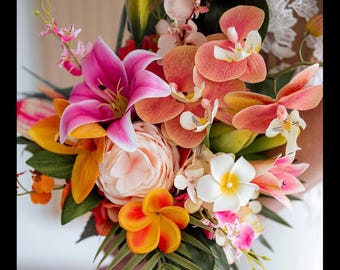 Tropical flowers, Pink Orange Coral bouquet, Orchid bouquet, Bright colored wedding flowers, Beach wedding, Tropical silk flowers, Lily