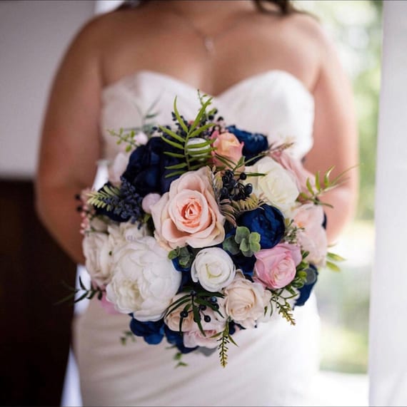 Navy Wedding bouquetBlush Bridal bouquetNavy blue & blush | Etsy