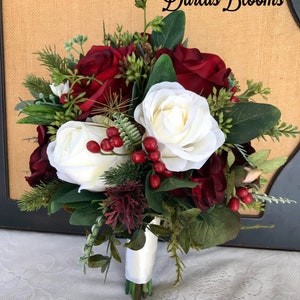 Burgundy bridal bouquet,Wedding bouquet,Winter bouquet,Bridal bouquet,Evergreen bouquet,Burgundy Red Bouquet,Silk Floral bouquet image 1