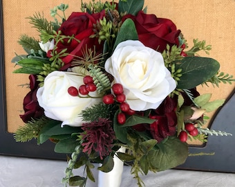 Burgundy bridal bouquet,Wedding bouquet,Winter bouquet,Bridal bouquet,Evergreen bouquet,Burgundy Red Bouquet,Silk Floral bouquet