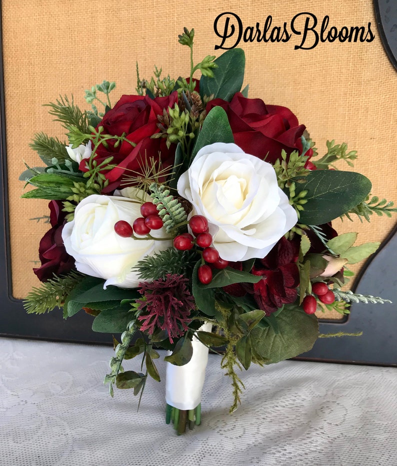 Burgundy bridal bouquet,Wedding bouquet,Winter bouquet,Bridal bouquet,Evergreen bouquet,Burgundy Red Bouquet,Silk Floral bouquet image 1