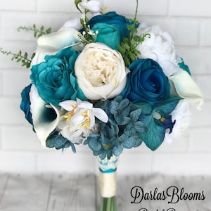 Wedding bouquet, Bridal bouquet, Turquoise wedding flowers, Teal bouquet, Turquoise bouquet, Turquoise Teal silk flowers, Beach bouquet