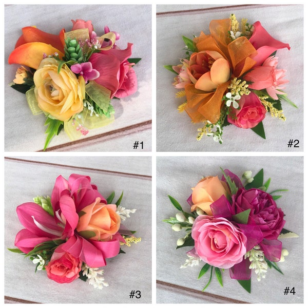 Hot pink corsage, Colorful corsage, Tropical corsage, Orange corsage, Wedding corsage, Pink & orange wristlet, Wrist corsage, Orchid corsage