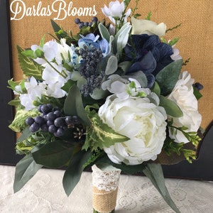 Navy blue wedding flowers, bridal bouquet blue, succulent bouquet, greenery bouquet, navy bridesmaid flowers, silk wedding bouquet,