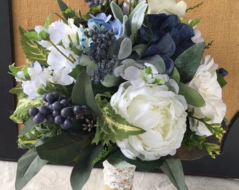 Navy blue wedding flowers, bridal bouquet blue, succulent bouquet, greenery bouquet, navy bridesmaid flowers, silk wedding bouquet,