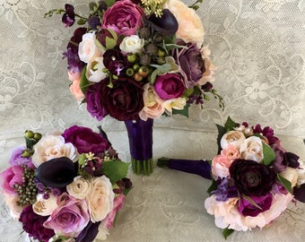 Wedding bouquet,plum purple bridal bouquet,silk wedding flowers,purple bridal flowers,wedding accessory, blush bridal bouquet,vintage