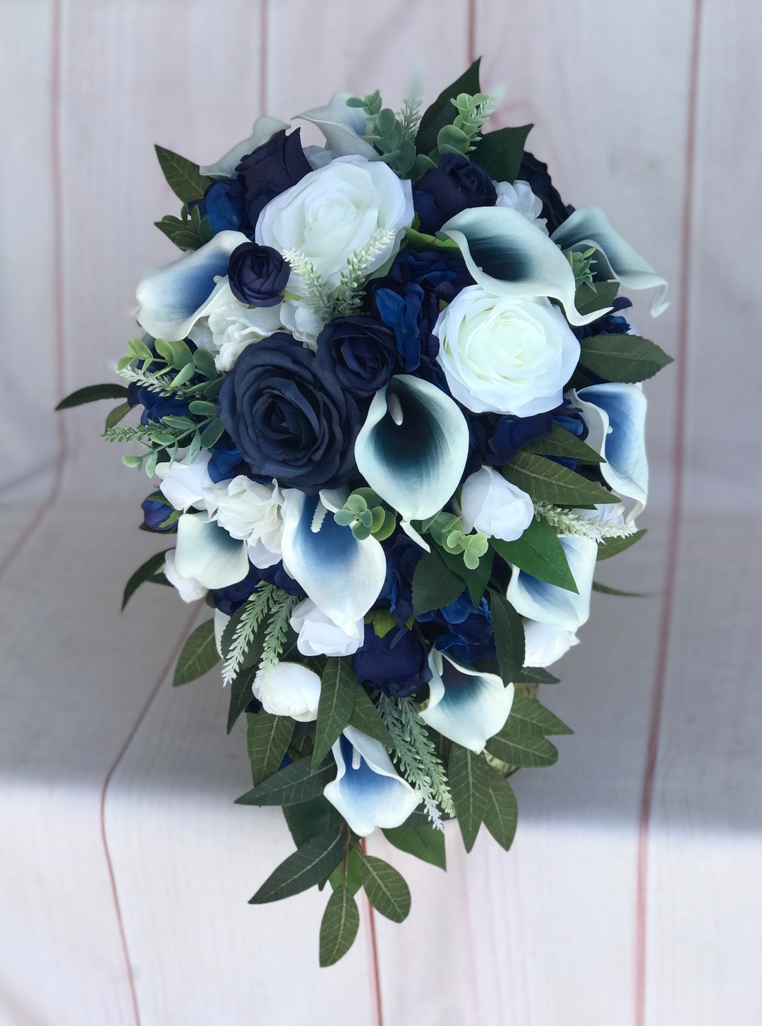 Bridal Bouquet Cascade Navy Blue Wedding Flowers Silk Etsy