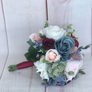 Wedding bouquet, Silk bridal flowers, Dusty blue bouquet, Burgundy bouquet, Silk wedding flowers, Burgundy Dusty blue Sage Mauve flowers