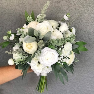 White wedding bouquet,eucalyptus bouquet,bridal flowers,boho bouquet,silk wedding flowers,artificial flowers,bridesmaid bouquet,faux