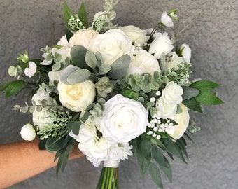 White wedding bouquet,eucalyptus bouquet,bridal flowers,boho bouquet,silk wedding flowers,artificial flowers,bridesmaid bouquet,faux