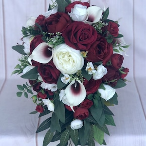 Cascade wedding bouquet, Burgundy Bridal bouquet, Waterfall bouquet, Burgundy Wedding flowers, Silk wedding flowers, bridesmaid bouquet