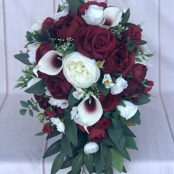 Cascade wedding bouquet, Burgundy Bridal bouquet, Waterfall bouquet, Burgundy Wedding flowers, Silk wedding flowers, bridesmaid bouquet