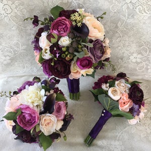 Bridal bouquet, Plum wedding flowers, plum purple silk wedding flowers, wedding bouquet, bridesmaid bouquet, rose hydrangea bouquet, vintage image 2