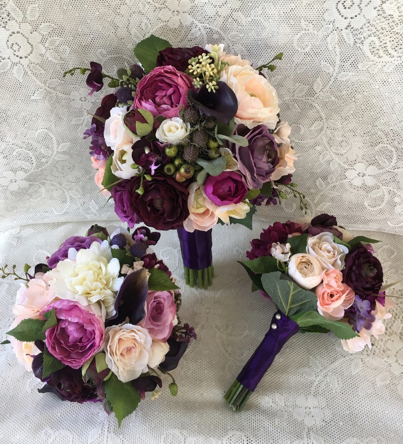 Bridal bouquet, Plum wedding flowers, plum purple silk wedding flowers, wedding bouquet, bridesmaid bouquet, rose hydrangea bouquet, vintage image 2