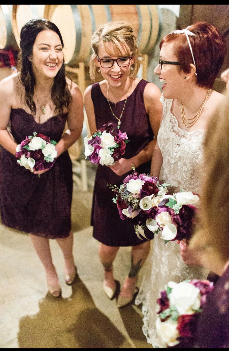 Bridal bouquet, Plum wedding flowers, plum purple silk wedding flowers, wedding bouquet, bridesmaid bouquet, rose hydrangea bouquet, vintage image 3