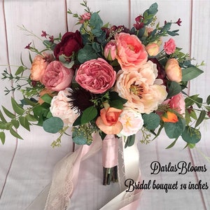 Boho Bridal bouquet, Coral Burgundy Peach wedding flowers, Silk wedding flowers, Orange Pink Burgundy bouquet,Eucalyptus bouquet