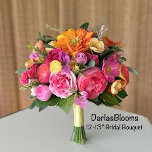 Hot pink fuchsia bouquet, Orange yellow wedding flowers, bright color bouquet, faux wedding flowers, beach wedding,summer bouquet,bridesmaid