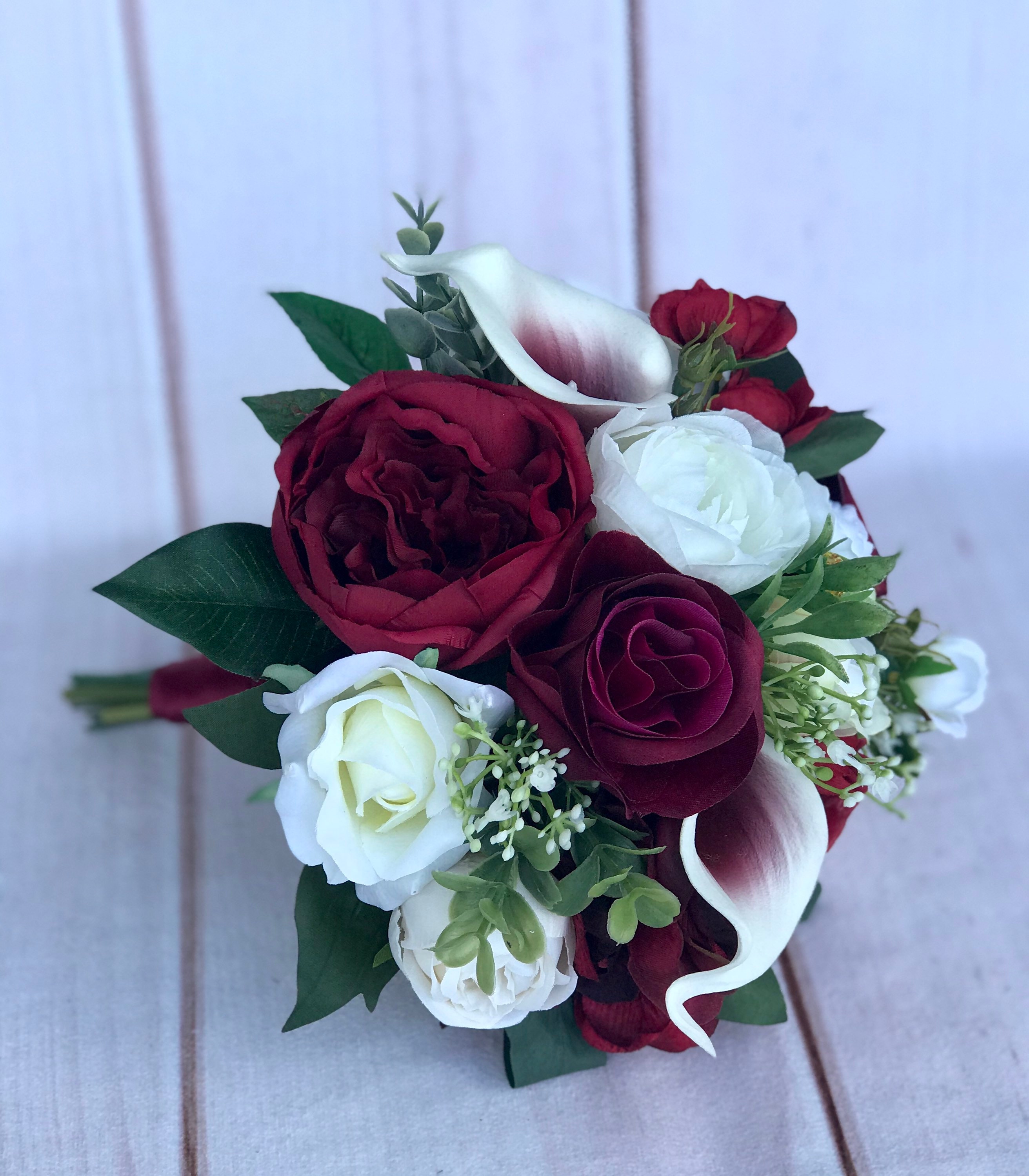 Teardrop Wedding Bouquet White & Burgundy Roses   12" wide x 17" long 