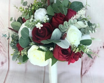 Burgundy wedding bouquet, Burgundy and white wedding flowers, Sage and burgundy bridal flowers, Eucalyptus bouquet, Silk wedding flowers