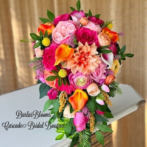 Cascade tropical bouquet, Silk Tropical flowers, Beach wedding, Bright colored wedding flowers, Bridesmaid bouquet, Orange & Pink bouquet