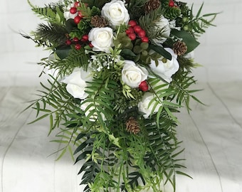 Wedding bouquet,Bridal bouquet,Winter bouquet, Greenery bouquet,Christmas bouquet,Winter wedding,Burgundy Red bouquet,Cascade bouquet